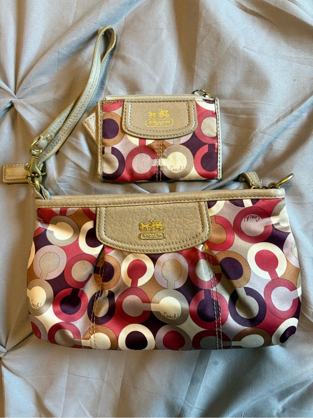 Coach Pink & Purple Signature Circle Print Wristlet Set
